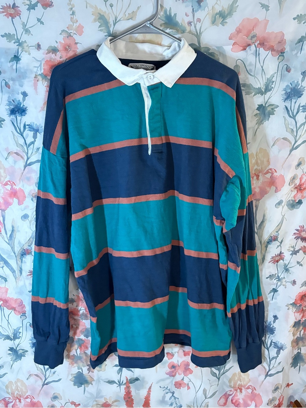 Columbia Men's Long Sleeve Rugby Polo in Teal, Navy & Rust with White Collar